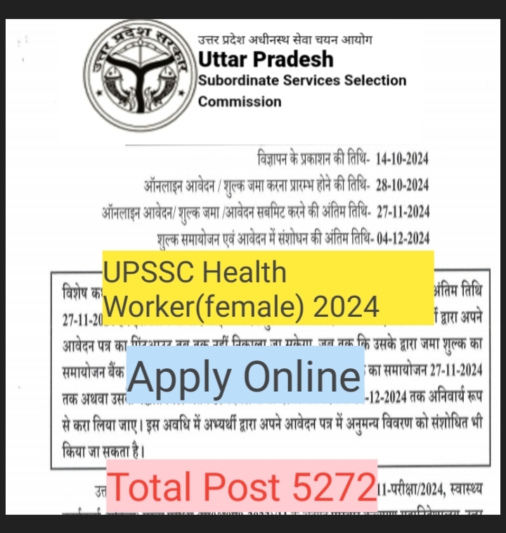 Uttar Pradesh Upssc Health Worker(female) Nitification 2024 total post 5272